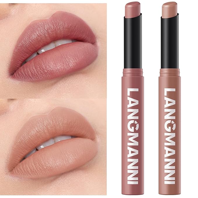 Jolilab 2Pcs Velvet Matte Lipstick Nude Matte Soft Dark Color Stick High Pigmented Long-Lasting Waterproof Lip Stick Lip Balm Beauty Cosmetics Gift for Women（03#+04#