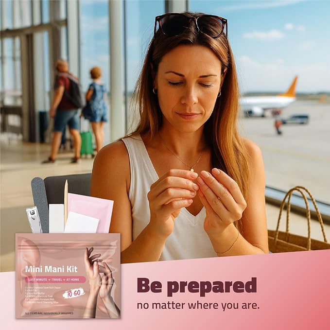 Mini Mani Kit – Disposable Manicure Set with Nail Clipper, File, Buffer, Cuticle Stick & Polish Remover Pad – Compact One-Time Use Nail Care Kit for Travel, Purse, Desk, or Car (Peach)