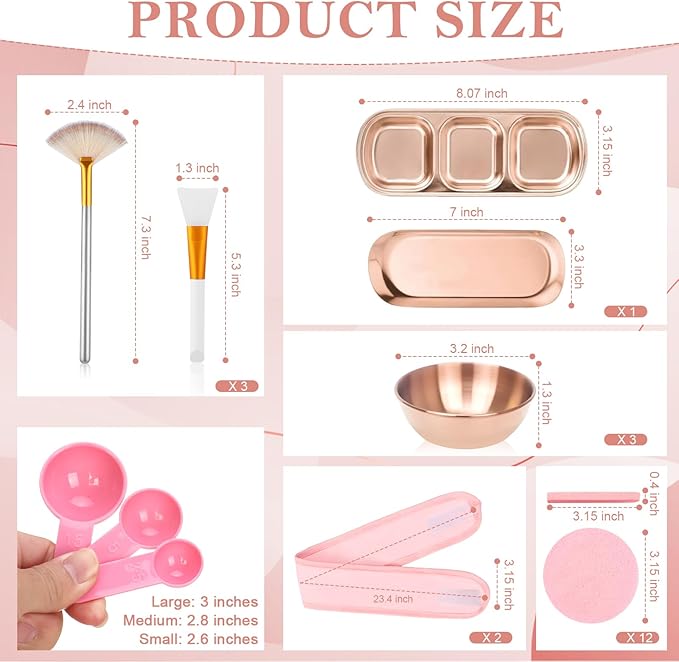 28 Rose Gold Facial Supplies 3 Facial Mask Mixing Bowls 3 Facial Fan Brushes 3 Mask Applicator Brushes 3 Mask Measuring Spoons Skincare Tray 3-Compartment Tray 12 Facial Sponges 2 Spa Headbands
