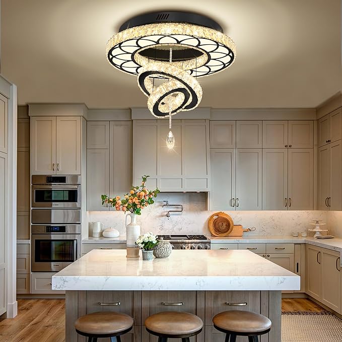 Flashing God Dia 24" Crystal Chandelier Crystal Black Ceiling Light Fixtures LED Flush Mount Ceiling Light for Living Room Bedrooms Dining Room Dimmable 2700k 4500k 6000k