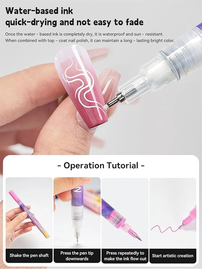 Waterproof Nail Art Pen,12/24Colors Nail art Pens Set, 3D Nail Art Marker Drawing Painting Liner Pen, 0.5mm Precision Tip, Quick Dry for Nails Art Design Manicure Nail DIY Decoration (24 Colors-B)