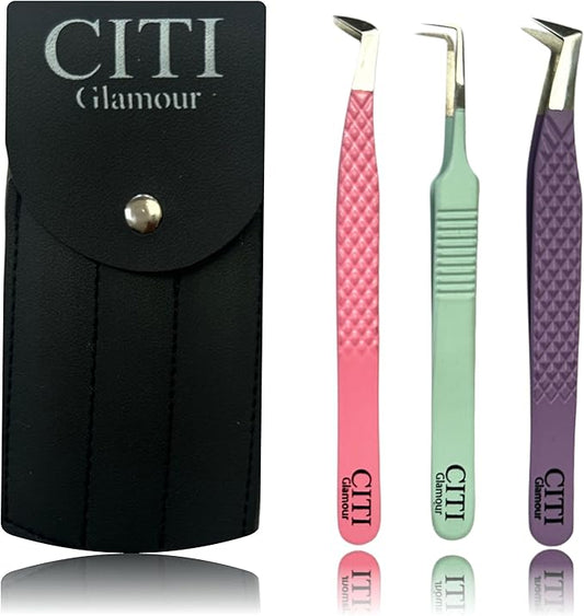 Lash Tweezers For Eyelash Extension Pack of 3 Volume,90 Degree,Boot Volume with Precision Fiber Tip in pastel shade with Diamond Grip (Pack of 3 - Pastel Colors)