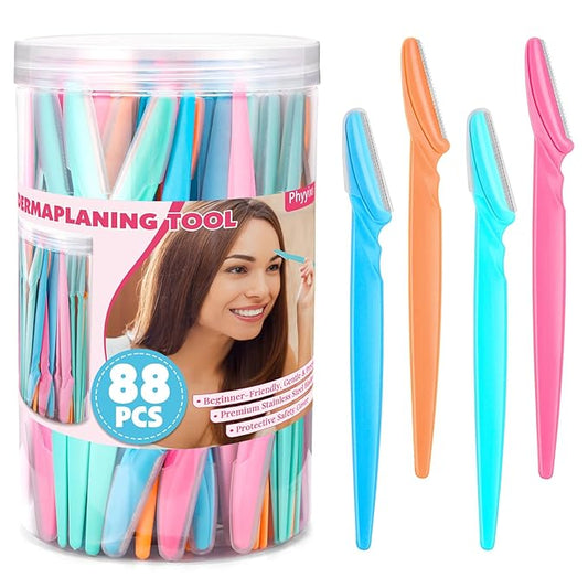 88 Pack Eyebrow Razors & Face Razors for Women – 4-Color Dermaplane Razors for Women & Men in Storage Jar, Safe Facial Shaver with Covers, Ideal Stocking Stuffer
