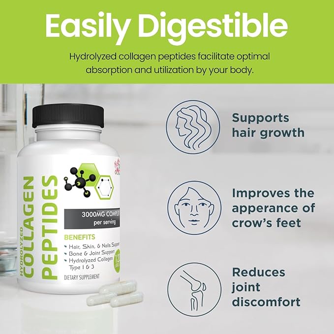 Mila Miamor Collagen Peptides – Hydrolyzed Protein for Hair, Skin, Nails, Joint, Bone, Muscle & Gut Support – Easy-Absorb Formula, 120 Capsules