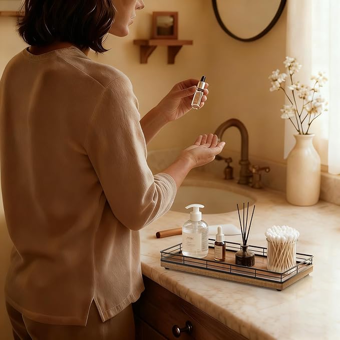 Bathroom Vanity Tray – 12" x 6" Acacia Decorative Wooden Tray for Toilet Tank Organizer Wood Tray for Bathroom Countertop, Soap, Perfume Accessories Storage, Vanity Dresser Decor Black & Acacia