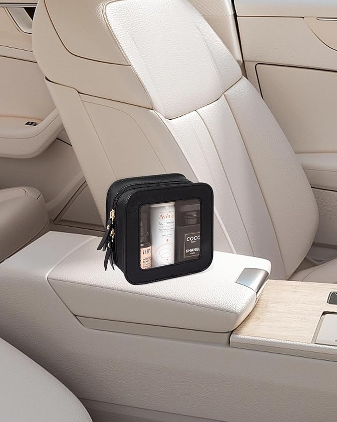 Small Clear Makeup Bag for Purse Travel Cosmetic Case Transparent Toiletry Bag with Zipper, Portable Make Up Organizer Traveling Compact Car Bag for Essentials (Black, Mini)