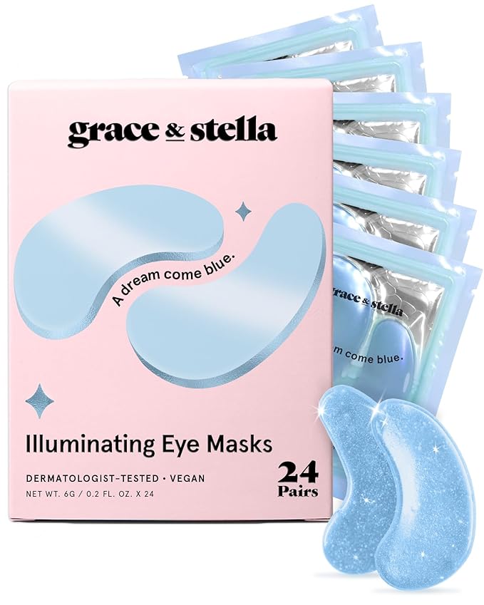 grace & stella Award Winning Under Eye Mask Reduce Dark Circles, Puffy Eyes, Undereye Bags, Wrinkles, Gel Under Eye Patches, Valentines Day Gifts for Him - Vegan Eye mask (24 Pairs, Blue)