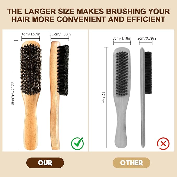 Boar Bristle Slick Back Hair Brush for Smooth Flyaways, Frizz, Sleek Ponytail, Buns and Edge Baby Hair, Teasing | Hair Comb, Edge Brush, Teasing Brush Styling Accessories for Girls, Kids, Women & Men