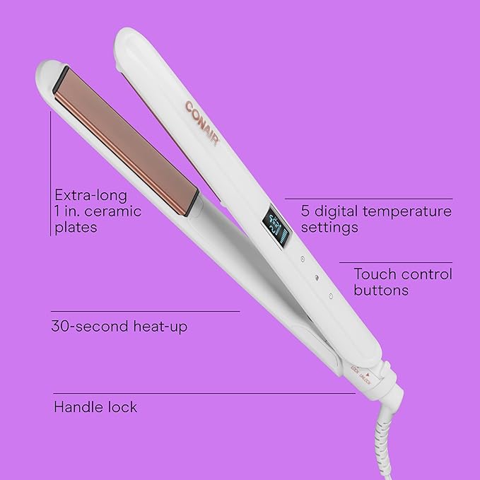 Conair Double Ceramic Flat Iron, 1-Inch Flat Iron, 5 Digital Temp Settings Up to 410°F, Extra-Long Plates, For All Hair Types and Textures, White