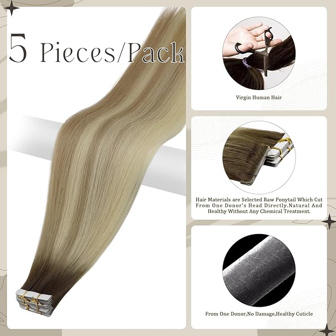 Full Shine Tape ins Extensions Virgin Injection Tape in Hair Extensions Color 2/18/22 Tape ins Human Hair 20Inch Seamless Invisible Hair Extensions Real Human Hair 12.5Gram 5Pcs for Women