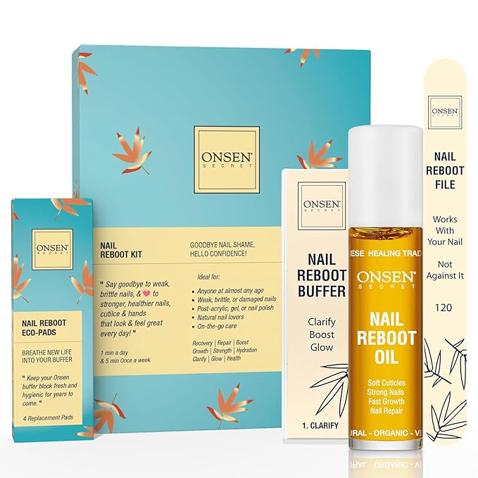 Onsen Secret Nail Care Kit - Includes Cuticle Oil 10ml, Japanese Nail Buffer and Shine Kit - Spa-Quality Manicure - Organic Ingredients - Long-Lasting Shine - Easy & Safe - 1pk