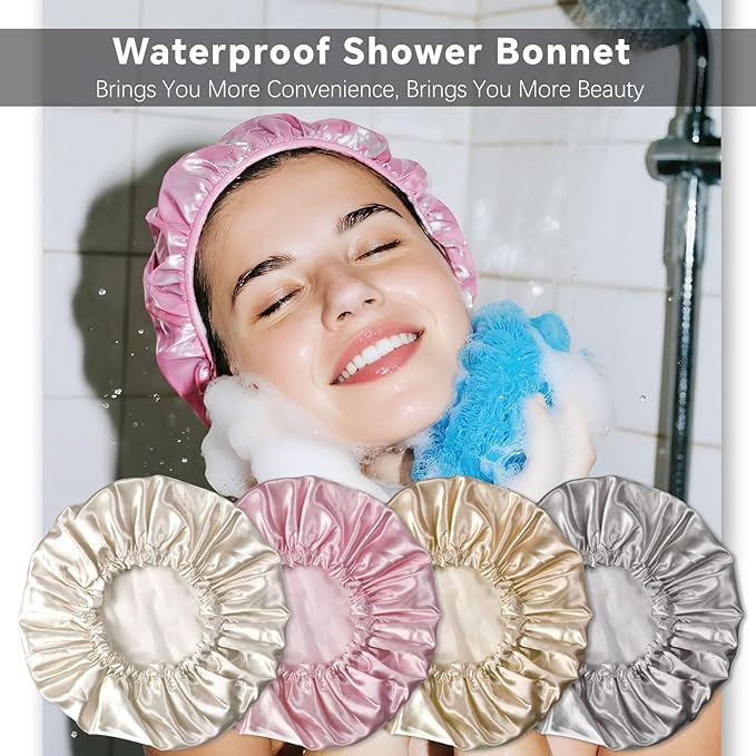 Smilco 4 Pack Shower Caps for Women, Reusable Waterproof Double Layer Bath Cap, Large EVA Elastic Hair Cover for Shower, Fits Long Hair & Braids, for Spa & Home