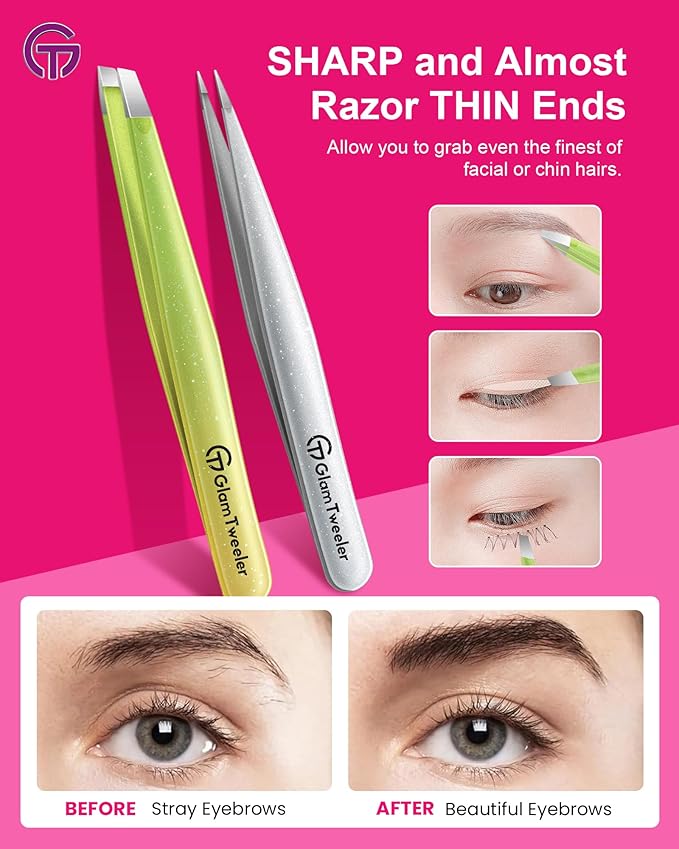 Expert Slant and Point Tip Tweezer Set with Exclusive Storage & Carrying Case, GlamTweeler Sharp & Precision Tweezer Set for Eyebrows, Facial Hairs & Fine Hairs Removal (Sparkle Apple Green + Silver)