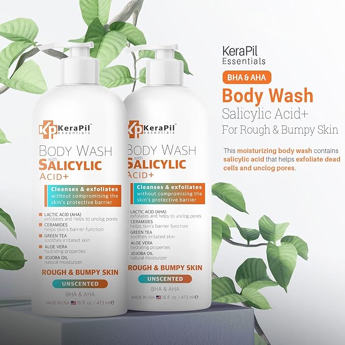 KERAPIL Salicylic Acid Body Wash - Skin Non-drying, Gentle Exfoliates Rough and Bumpy Skin, Body Acne Wash, BHA & AHA - Unscented Exfoliating Body Wash, Made in USA - (16 fl oz x 2)