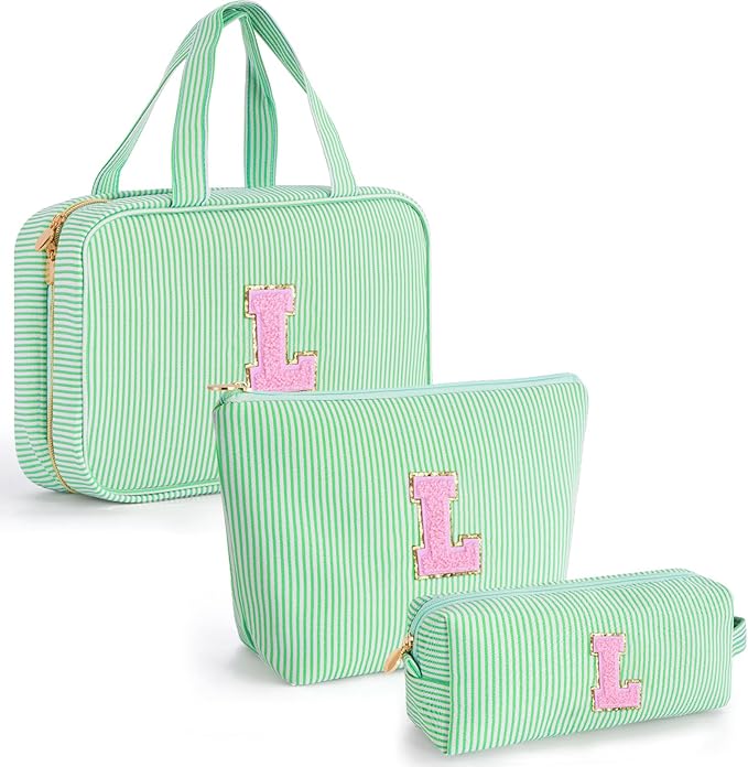 Cute Toiletry Makeup Bag for Women Girls - Personalized Teenager Girl Gift Ideas | Initial Make Up Bag | Gifts for Women Friends | Skin Care Bag | Tween Girls Trendy Stuff - Green L