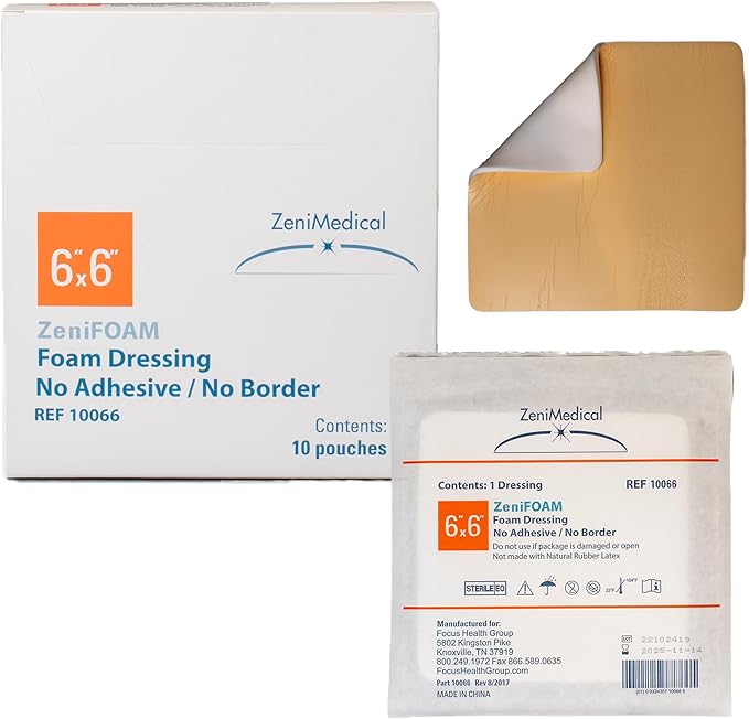 ZeniFOAM Polyurethane Foam Dressing 6" x 6" - No Border, No Adhesive, Sterile, Highly Absorbent for Heavy Wound Drainage, Non-Stick and Lint-Free Pad, Latex-Free, with Waterproof Backing (10pcs/Box)