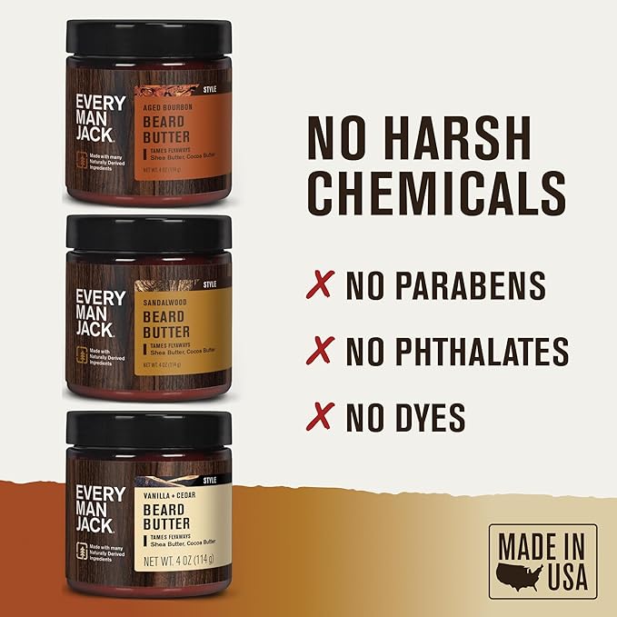 Every Man Jack Beard Butter Gift Set for Men – Full Size 3-Pack Variety with Sandalwood, Vanilla + Cedar & Aged Bourbon Scents – Naturally Derived with Shea Butter & Coconut Oil – 4 oz (3 Pack)