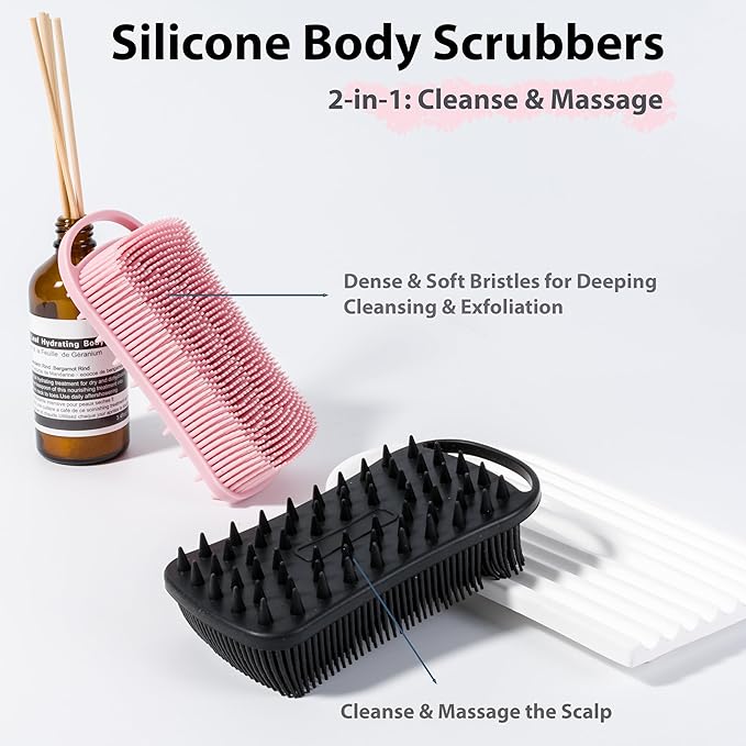 2 PC Silicone Body Scrubber, 2 in 1 Exfoliating Shower Bath Scrubber, Soft Silicone Loofah for Sensitive Skin, Shower Hair Scalp Massager, Easy to Clean, Lather Well (Black&Pink)