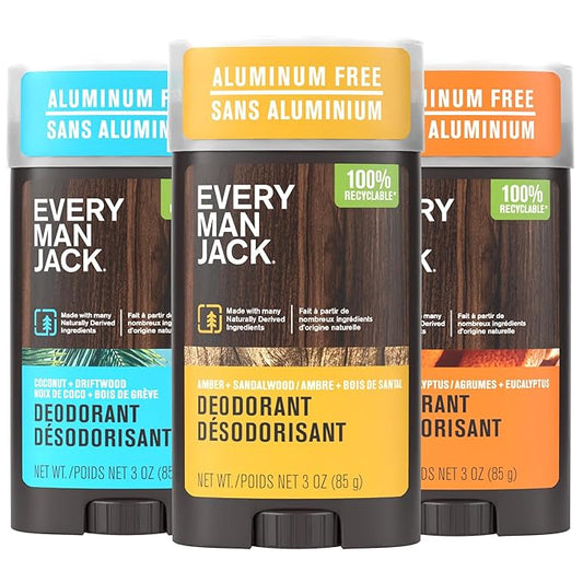 Every Man Jack Men's Deodorant Variety Set - Includes 3 Full-Sized Aluminum Free Natural Deodorant Sticks - Coconut + Driftwood, Citrus + Eucalyptus, Amber+ Sandalwood - 3oz (3 Pack)