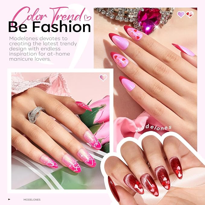 modelones Gel Nail Polish Set, 6 Colors 2026 Valentine's Day Pitaya Hot Pink Red Cat Eye Gel Polish Mermaid Pink Red Love-heart Glitter Nail Polish with Magnet & Wooden Pen Soak Off LED Manicure Gift