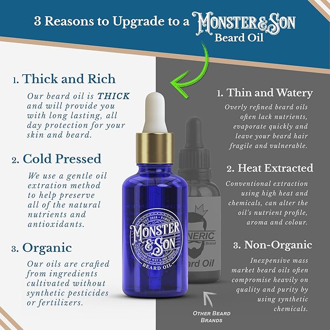 Monster&Son Cold Pressed Beard Oil Variety Pack x3 - Helps to Hydrate, Style and Promote New Hair Growth - Rich in Vitamins & Minerals - Jojoba, Argan & Meadowfoam Oils - Ideal Gift for Bearded Men