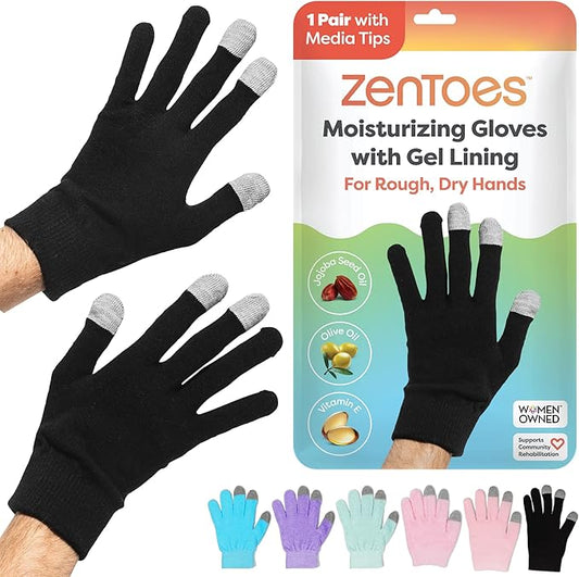 ZenToes Moisturizing Gloves for Dry Hands, Gel Infused with Jojoba Seed Oil, Olive Oil and Vitamin E, Overnight Hand Moisturizer (OSFM, Cotton Black)