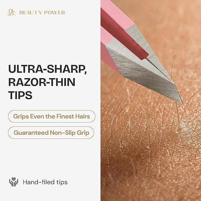 Professional Tweezers in Case - Slant, Durable Lightweight German Stainless Steel, Ultra Precision Tweezers for Eyebrows, Facial Hair, Chin, and Ingrown Hair Removal - Valentine's Gift