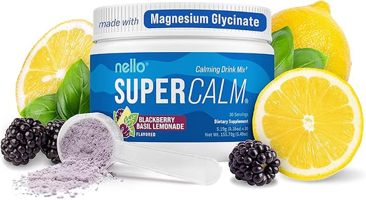 Nello Supercalm Powdered Drink Mix Tub, Cortisol Reducer* and Sleep Aid Supplement, L Theanine, Ksm-66 Ashwagandha, Magnesium Glycinate, Vitamin D 3, No Sugar, Non GMO, 30 Ct, BlackBerry Basil