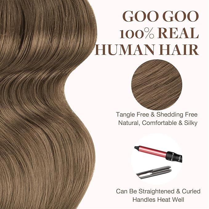 GOO GOO Tape in Hair Extensions Human Hair, 5 Light Ash Brown, 24inch 100g 40pcs, Skin Weft Seamless Invisible, Silky Straight with Thick Ends, Remy Human Hair