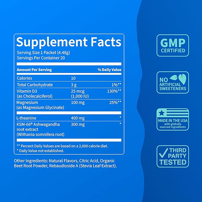 Nello Supercalm Powdered Drink Mix, Cortisol Reducer and Sleep Aid Supplement, L Theanine, Ksm-66 Ashwagandha, Magnesium Glycinate, Vitamin D 3, No Sugar, Non GMO, On The Go, 20 Ct, Raspberry Lemonade