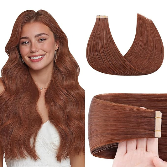 GOO GOO Tape in Hair Extensions Human Hair, #33B Dark Auburn Copper, 14inch 50g 20pcs, Skin Weft Seamless Invisible, Silky Straight with Thick Ends, Remy Human Hair