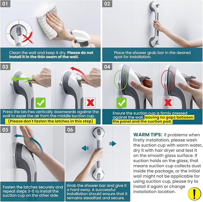 TAILI Grab Bars for Bathtubs and Showers 2 Pack Suction Grab Bar, Heavy Duty Shower Handle Removable Bath Handrails for Seniors and Elderly, Bathroom Safety Grip No Drilling Waterproof,Grey