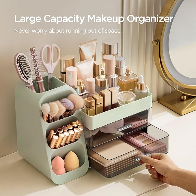 HBlife Makeup Organizer with Brush Holder for Vanity, Large Plastic Bathroom Countertop Organizer Skin Care Storage, Easy to Store Lipsticks, Nail Polishes, Perfumes, Eyeshadow Palettes, Green