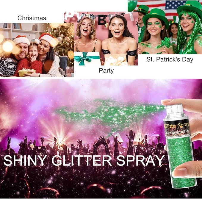 Hair and Body Glitter Spray, 1PC St Patricks Day Glitter Hairspray Dry Powder Makeup for Clothes, Festival Rave Prom Loose Sparkle Powder,Holographic Ultra Fine Resin Glitters for Crafts (1PC Green)
