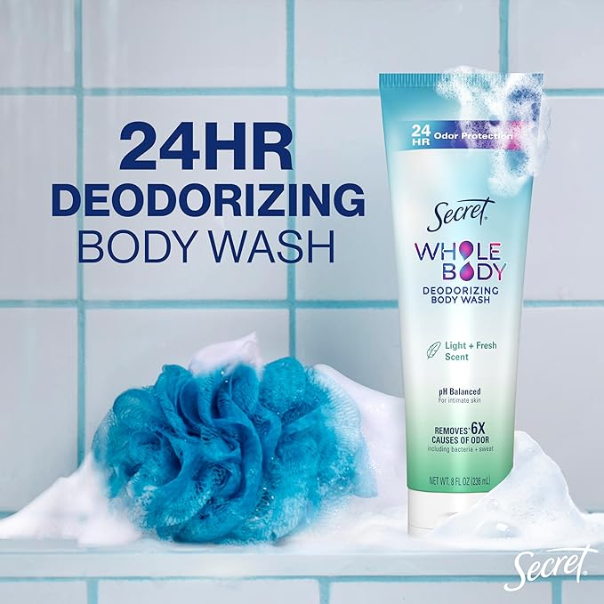 Secret Feminine Wash, 24 HR Deodorizing Feminine Body Wash for Women, Removes 6x Causes of Odor, PH Balanced, Safe to Use Everywhere, Light & Fresh, 8.0 oz