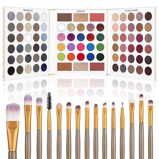 UCANBE Eyeshadow Palette with 15 Brushes Makeup Sets, Pigmented Eye Makeup Pallet Holiday Gift Set, Matte Smokey Rosy Neutral Glitter Eye Shadow Powder & Contour Highlight Blush All-in-One Make Up Kit