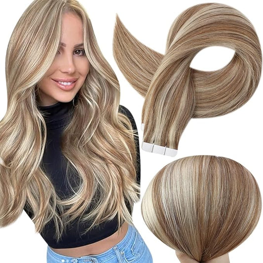 Full Shine Tape in Extensions Invisible 16 Inch Tape in Hair Extensions Human Hair Double Sided Tapes Hair 10P613 Golden Brown Highlighted Bleach Blonde Glue in Hair Extensions 50Gram 20pcs Add Volume