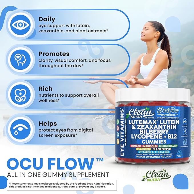 Clean Nutra Lutein and Zeaxanthin Eye Vitamins Gummies + Bilberry for Eyes Vision Support Ginkgo Biloba Marigold, Vitamin B12 Flaxseed Black Pepper CoQ10 Vitamin A l 60 Count B OcuFlow