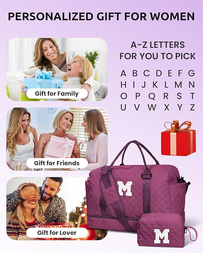 Easter Gift-Stuff for Girls 10-12-Initial Travel Bag with Shoe Compartment, Personalized Weekender Bag, Monogram Overnight Bag for Women, Letter Girls Travel Bag with Makeup Bag (Letter C)