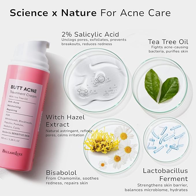 BellamiLuxx Butt Acne Clearing Treatment Cream: Body Acne Treatment Lotion for Folliculitis and Pimples on Back, Buttocks, Thighs With 2% Salicylic Acid & Tea Tree Oil - Butt Cream for Smooth Skin
