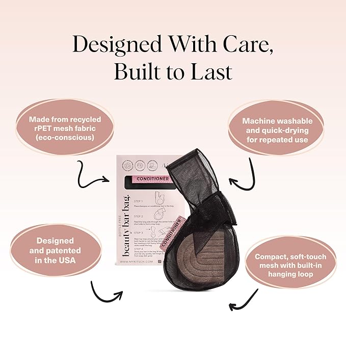 Kitsch Bar Soap Saver Bag – Patented Mesh Bag Soap Holder for Shampoo and Conditioner Bars - Extends Use & Prevents Soggy Mess - Recycled Mesh Beauty Pouch, Eco-Friendly – Black