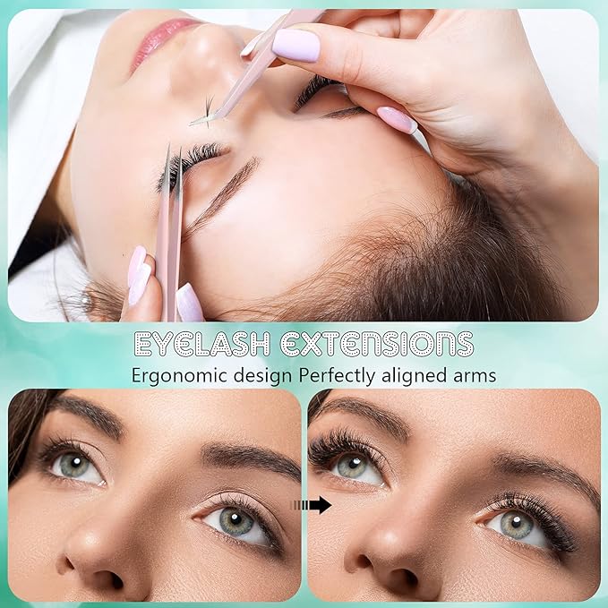 Chumia 5 Pcs Lash Tweezers for Eyelash Extensions High Precision Volume Pink Eyelash Tweezers Stainless Steel Curved Pointed Lash Tool with Box for Women Makeup Beauty Accessories Beginners