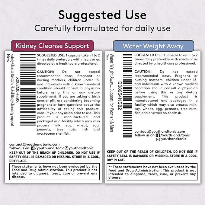 Youth & Tonic Gentle Body Cleanse & Detox – Clean Reset with Natural Flush & Diuretic Balance – 2PK: Kidney Cleanse Support + Water Weight Away, 60 Pills