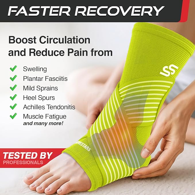 Sleeve Stars Ankle Brace for Women & Men, Ankle Wrap for Sprained Ankle, Compression Sleeve for Plantar Fasciitis Relief, Easy Customizable Support: w/ Removable Strap (Single/M:10"-12"/Neon Yellow Green)