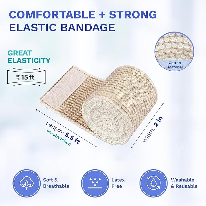 2" Elastic Bandage Wrap with Self-Closure, 2-Pack – 15 ft Stretched – Latex-Free, Reusable, Washable – Compression Support for Sprains, Injuries, Swelling, Sports Recovery
