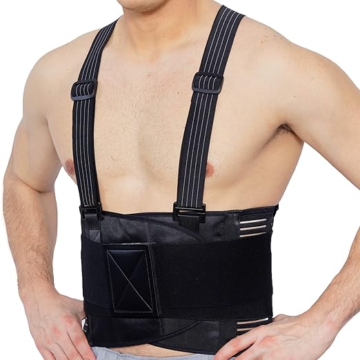NeoTech Care Back Brace with Suspenders for Work - Industrial Lifting Safety, Elastic Compression, Hook & Loop Closure (Charcoal, Size XXL)
