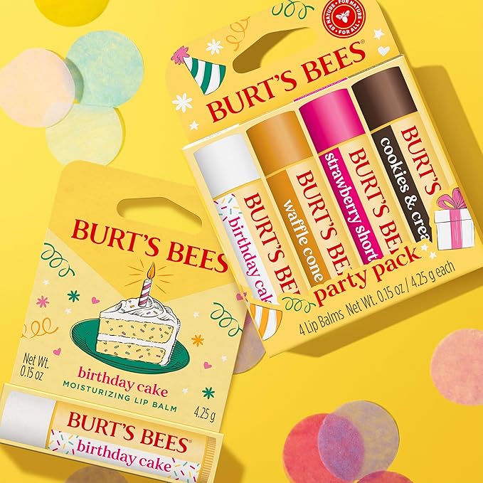 Burt's Bees Lip Balm Party Pack - Birthday Cake, Waffle Cone, Strawberry Shortcake, and Cookies & Cream, All Day Moisturizer, Tint-Free, Natural Origin Conditioning Lip Treatment, 4 Tubes, 0.15 oz.