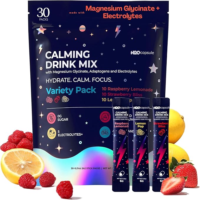 Calm Magnesium Glycinate Powdered Drink Mix with Electrolytes – Sugar Free with Ashwagandha, L-Theanine, Vitamin B6 & GABA – Cortisol Support, Stress Relief, Hydration & Focus - 30 servings (Variety)