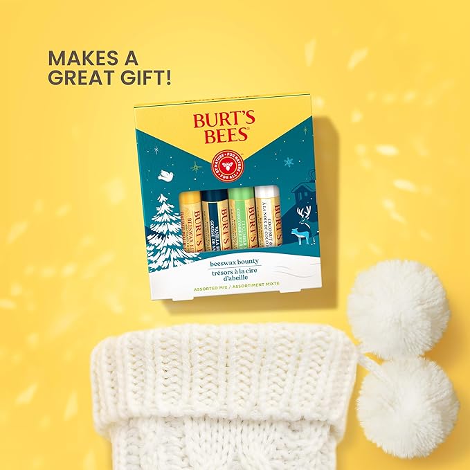 Burt's Bees Christmas Gifts, 4 Lip Balm Stocking Stuffers Products, Assorted Mix Set - Classic Beeswax, Vanilla, Cucumber Mint & Coconut and Pear (Pack of 4)