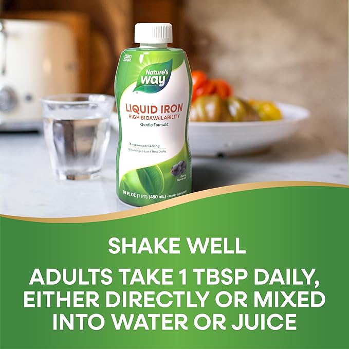 Nature's Way Liquid Iron, 100% Daily Value, 18 mg Iron as Ferric Glycinate per Serving, No Sugar Added, Berry Flavored, 16 Fl Oz (Packaging May Vary)